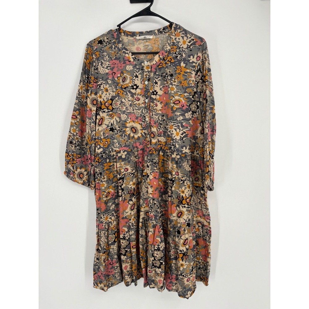 Natural Life Dress Womens L Multi Floral Tiered Boho Rayon Button Front Mini